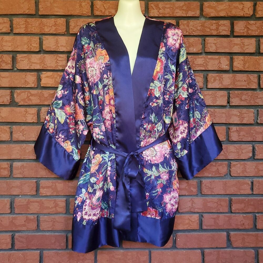 Vintage Victorias Secret Gold Label Satin Kimono Robe Blue Pink Floral One Size